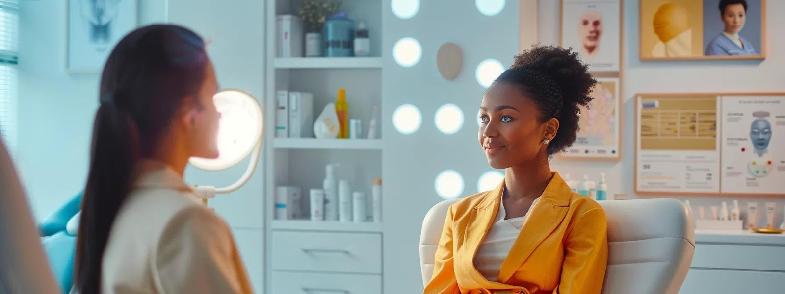 a serene and confident patient consults with a dermatologist in a well-lit, modern clinic, surrounded by medical illustrations of keloid treatment options, emphasising a collaborative approach to achieving optimal skin health.